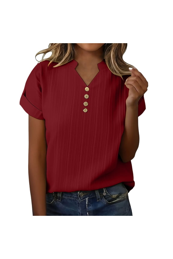 Women's Textured Blouse Short Cap Sleeve V Neck 1/4 Button Tees Plus-size Henley Shirts Soft Daily Outfits