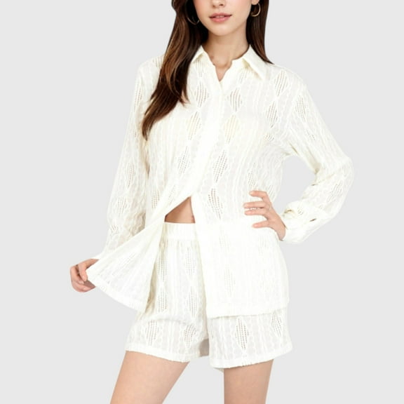 Women's Textured Button-Up Shirt and Shorts Lounge Set - Medium, White