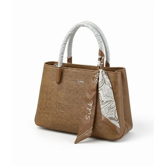 Women’s Textured Canvas Tote Handbag with Scarf Accent – 7 Colors – 10.63x4.72x7.48 in