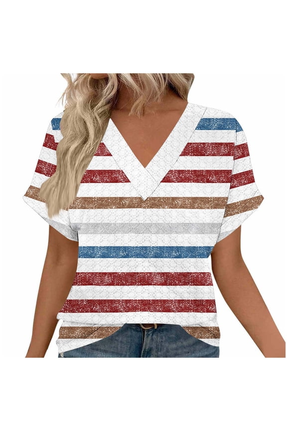 Women's Textured Circle Jacquard V-Neck T-Shirt with Random Stripes, Loose Fit Comfort Short Sleeve Top for Casual Wear