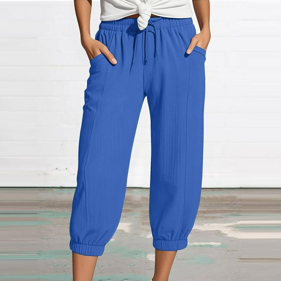 Women's Textured Crinkle Capri Pants Wide Leg High Waist Elastic Waistband Summer Casual Loose Fit Side Pockets Blue L