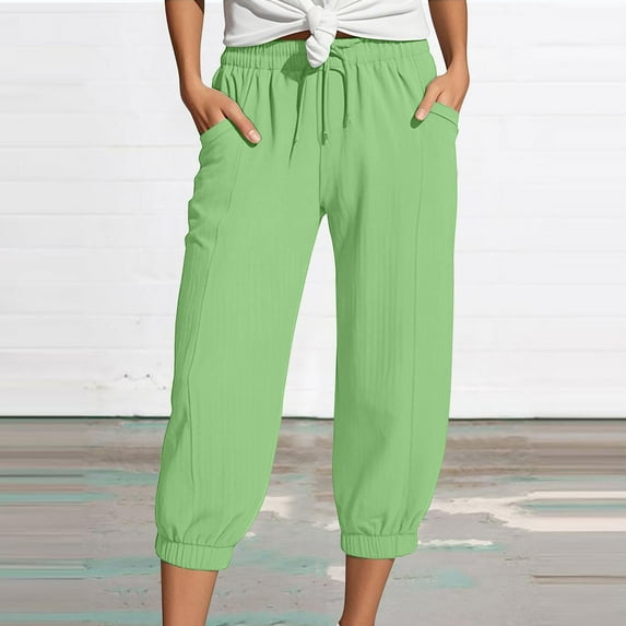 Women's Textured Crinkle Capri Pants Wide Leg High Waist Elastic Waistband Summer Casual Loose Fit Side Pockets Mint Green L
