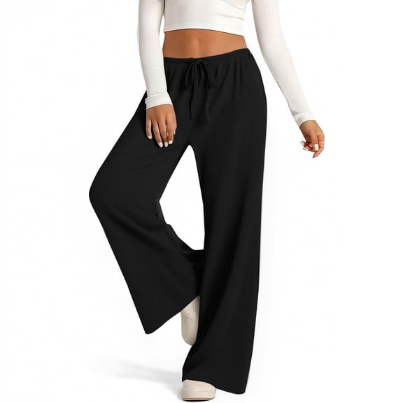 Women's Textured Drawstring Waist Pants, Casual Wide Leg Lounge Pants, Elastic Waist Loose Trousers for Daily Wear, Loungewear and Versatile Outfits Black XL