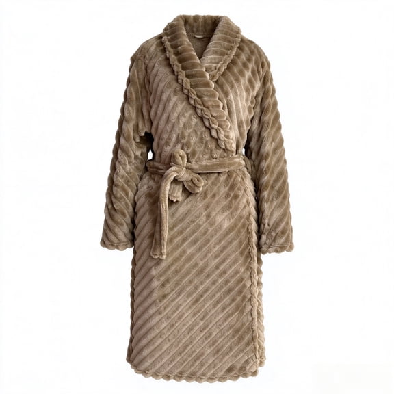 Qeils Women's Light Mocha Textured Flannel Long Bathrobe, Shawl Collar Wrap Robe with Self-Tie Belt, Warm Winter Loungewear