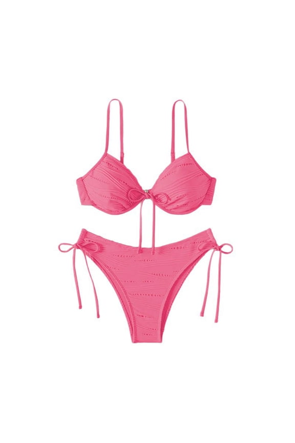 Women's Textured Front Tie Bikini Set Bow Design Striped Top with Side Tie High Cut Bottom to Enhance Body Curves and Stay Comfortable All Day