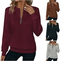 Women's Textured Half Zip Pullover Tops Casual Long Sleeve 1/4 Zip Cable Knit Sweatshirts Fall Fashion Outfits Clothes