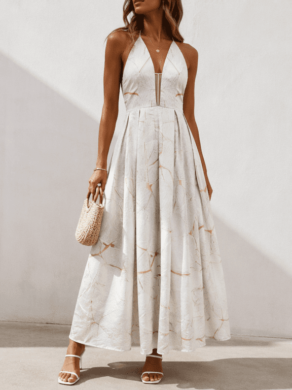 Women's Textured Halter Ball Gown, Deep V Neck, Geometric Pattern and Full-Length Skirt
