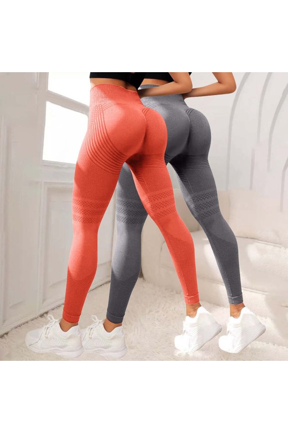 Women's Textured Hip Lifting Fitness Pants with Tummy Control, High Waisted Peach Booty Yoga Pants 2PC Set, Seamless Workout Leggings for Gym, Running and Daily Training Orange L
