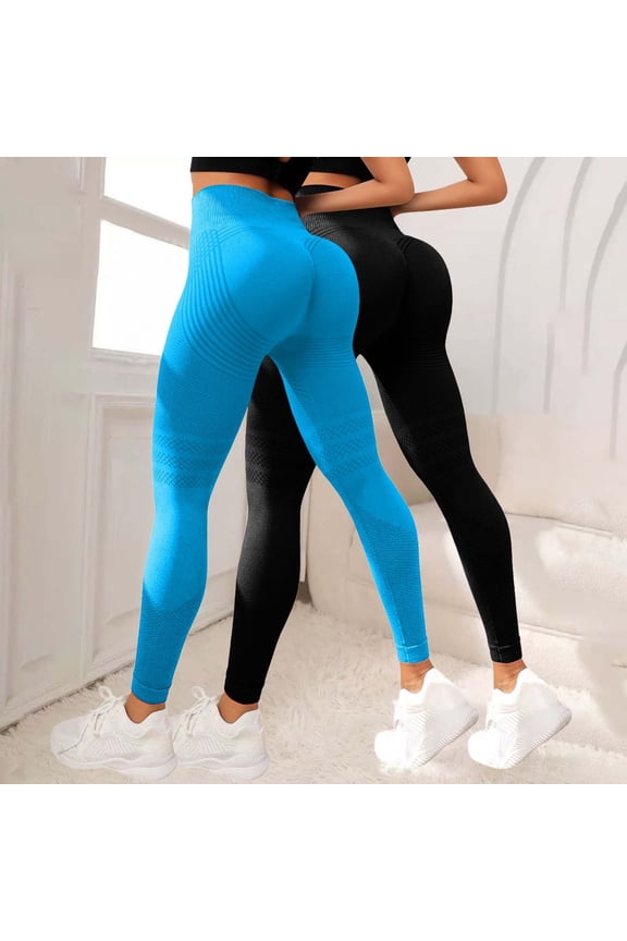Women's Textured Hip Lifting Fitness Pants with Tummy Control, High Waisted Peach Booty Yoga Pants 2PC Set, Seamless Workout Leggings for Gym, Running and Daily Training Sky Blue M