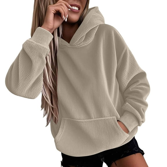 Women's Textured Hooded Sweatshirt Warm Long Sleeve Pullover Comfortable Casual Top with Pocket Khaki XXXL