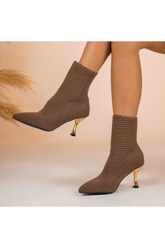 Women's Textured Knit Ankle Sock Booties, 7.5cm Gold Stiletto Heel Pointed Toe For Work Office Wedding Dressy Sock Booties