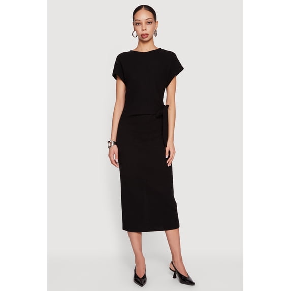 Women's Textured Knit Asymmetrical Bow Side Midi Dress