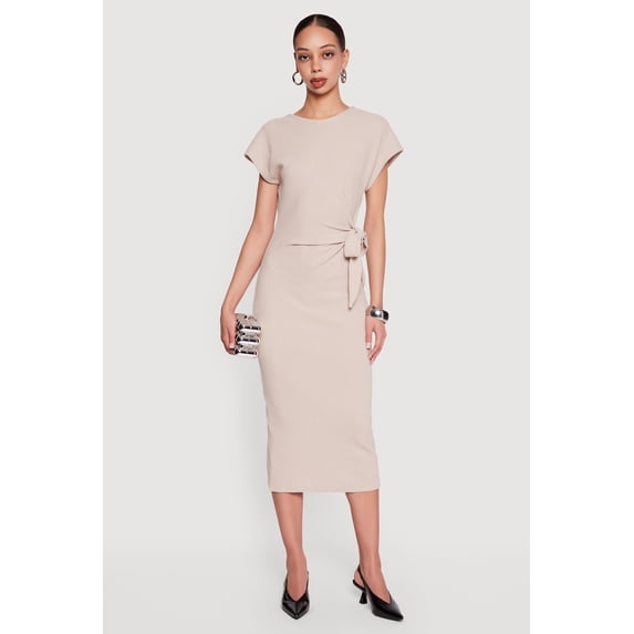 Women's Textured Knit Asymmetrical Bow Side Midi Dress