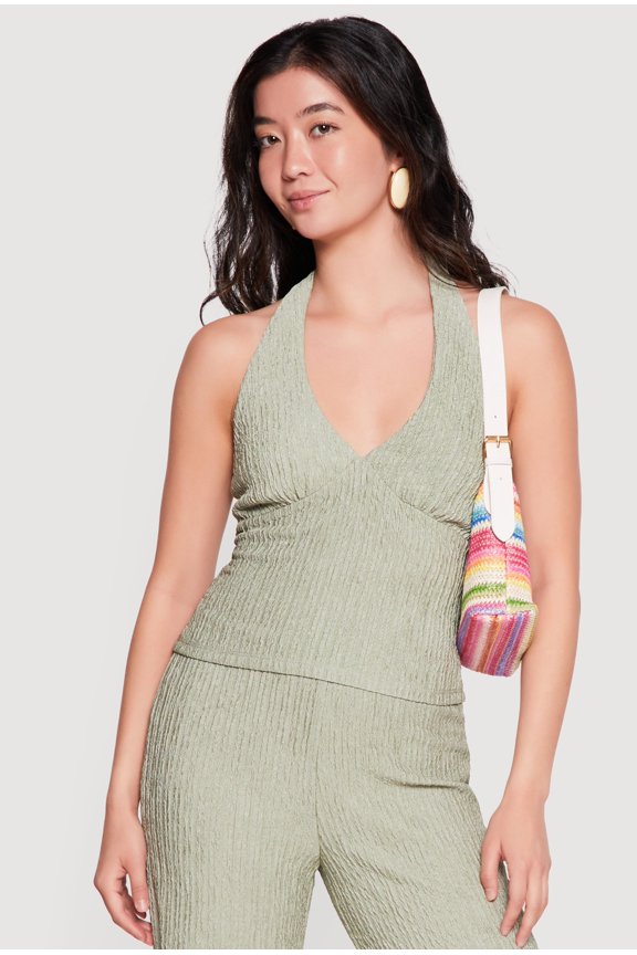 Women's Textured Knit Button Back Keyhole Halter Top
