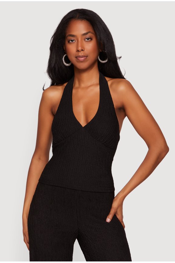 Women's Textured Knit Button Back Keyhole Halter Top