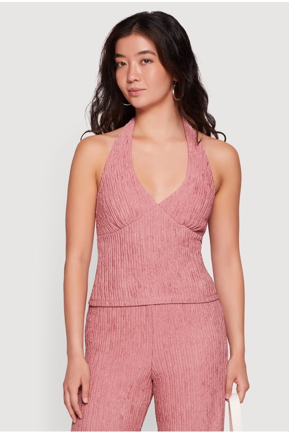 Women's Textured Knit Button Back Keyhole Halter Top