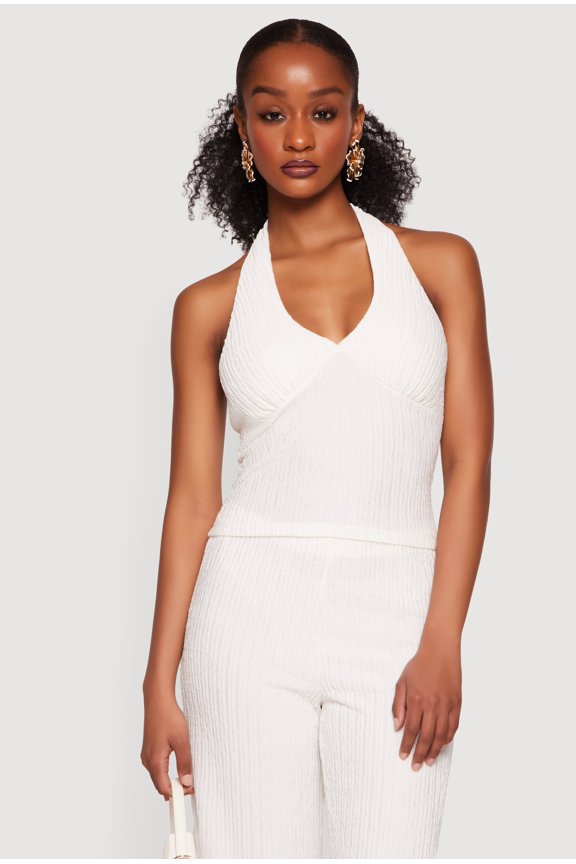 Women's Textured Knit Button Back Keyhole Halter Top