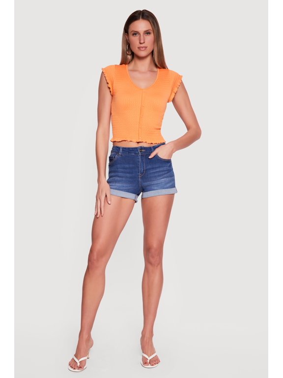 Women's Textured Knit Button Detail Flutter Cap Sleeve Crop Top