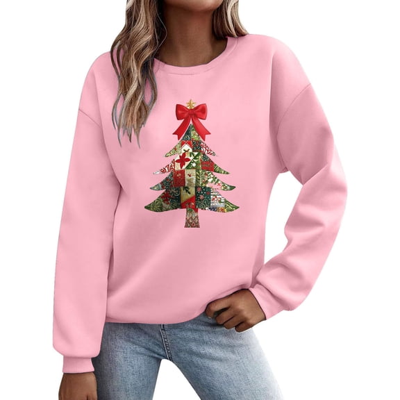 Women's Textured Knit Christmas Sweatshirt - Soft Christmas Tree Long Sleeve Hoodless Top, Delicate Wreath & Ribbon Print, Elegant Warm Holiday Casual Pullover