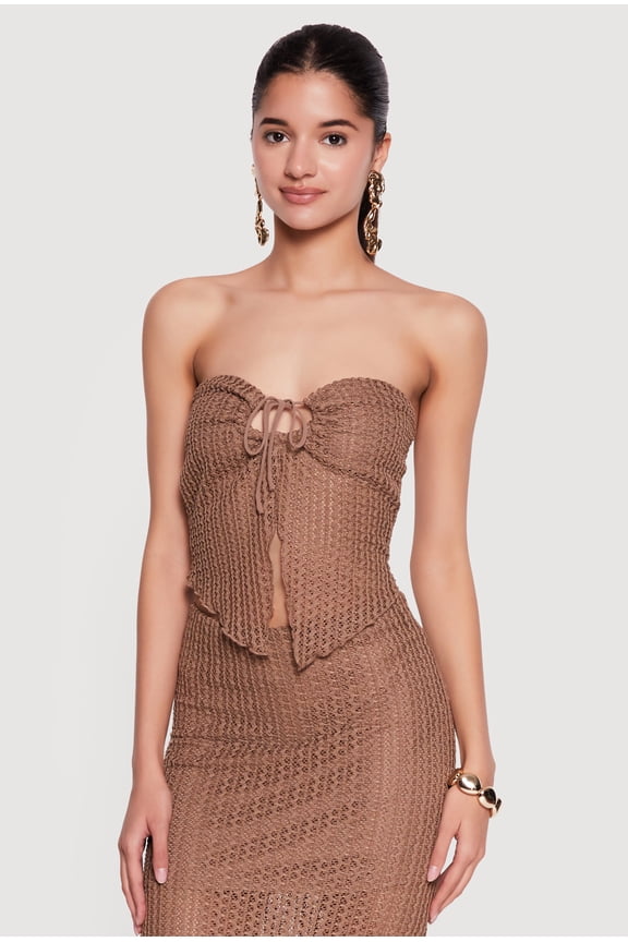 Women's Textured Knit Drawstring Keyhole Crop Tube Top