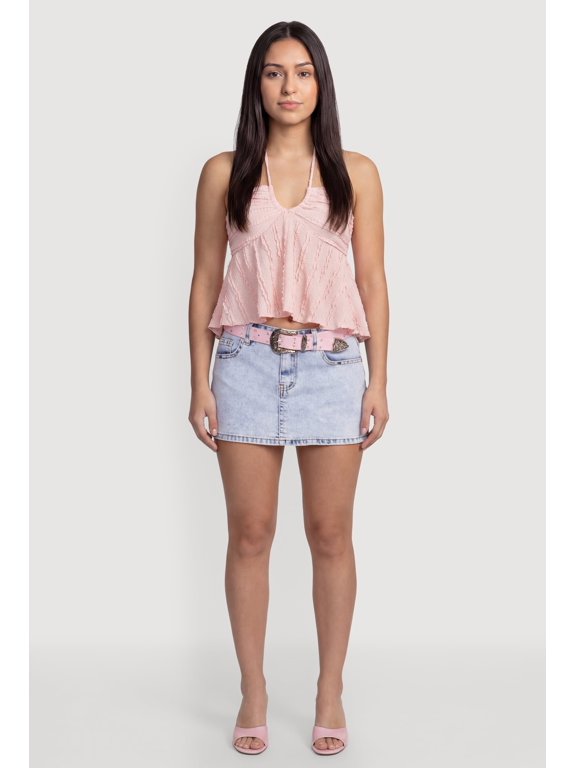 Women's Textured Knit Halter Tie Back Crop Top