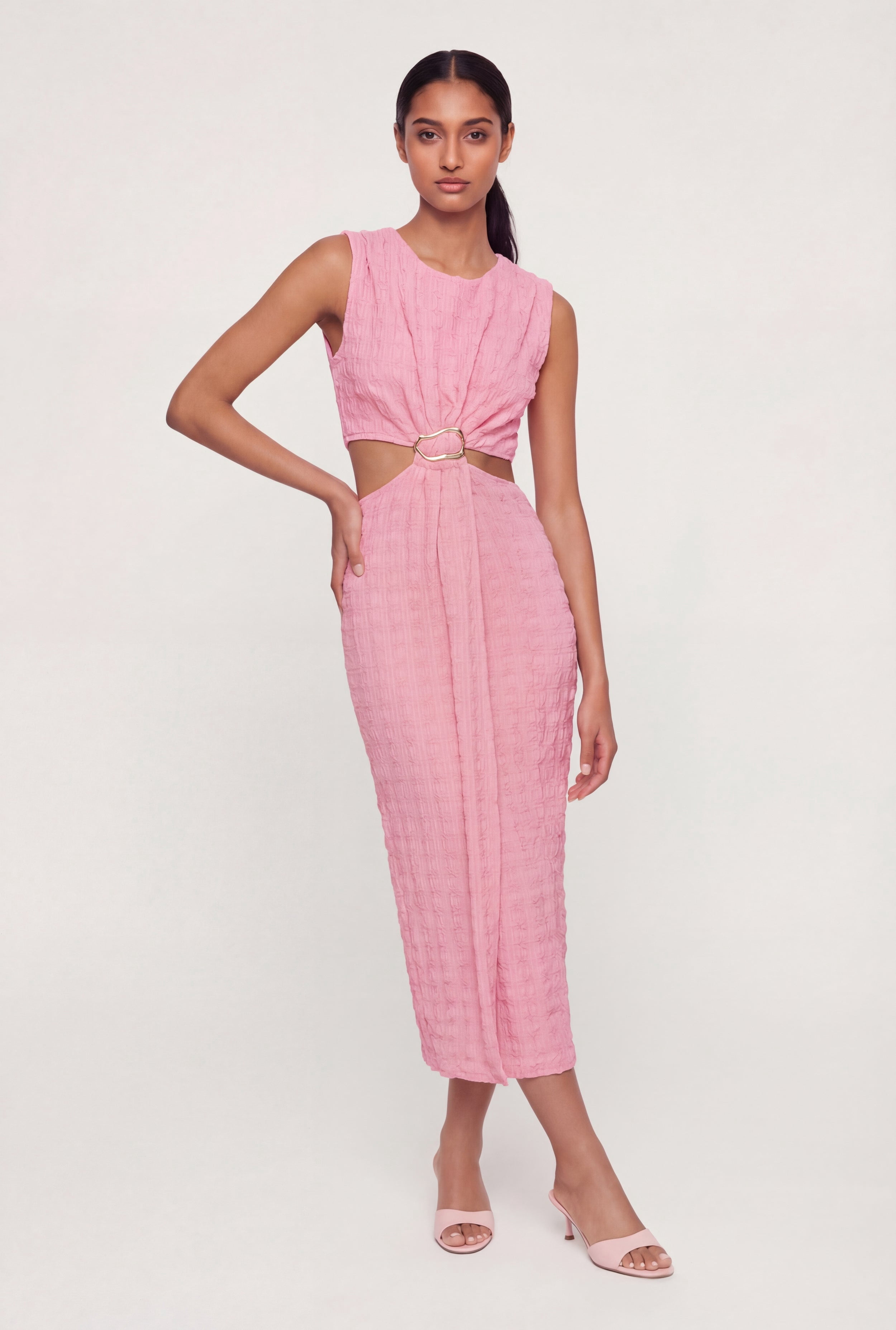 Women's Textured Knit Metallic Buckle Cutout Side Maxi Dress