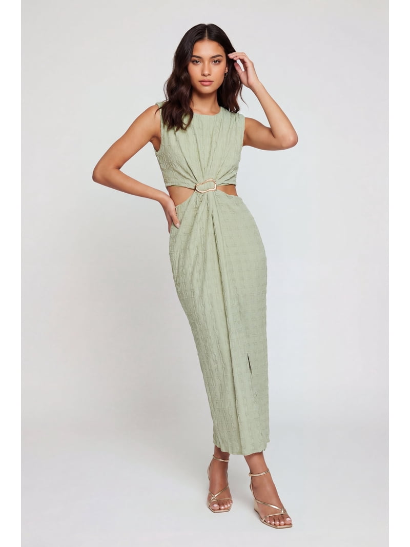 textured cut out maxi dress Women's Cream Textured Mesh Long Sleeve Cut Out Maxi Dress
