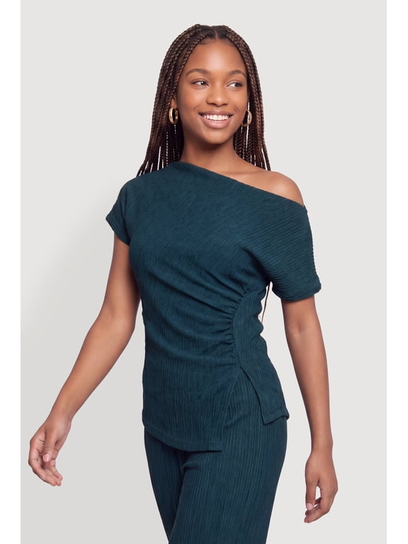 Women's Textured Knit One Shoulder Side Ruched Blouse
