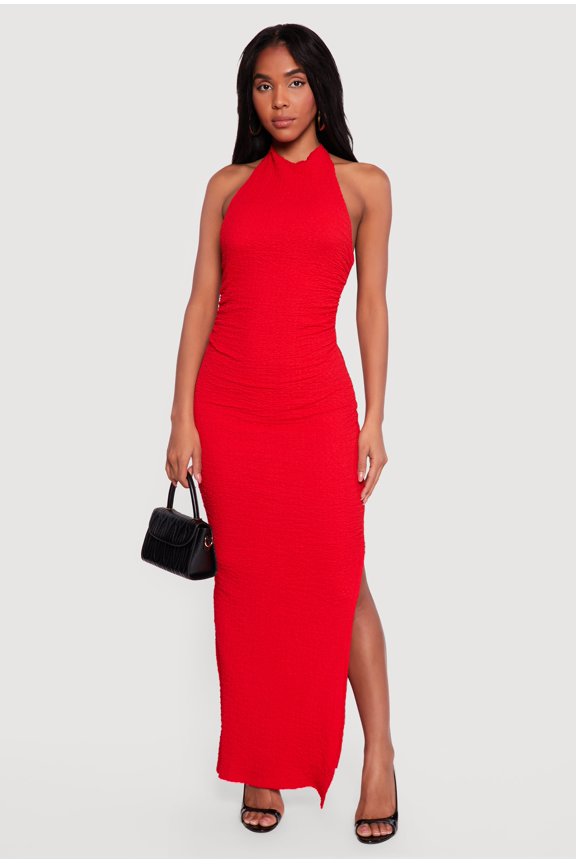 Women's Textured Knit Ruched Side Halter Maxi Dress