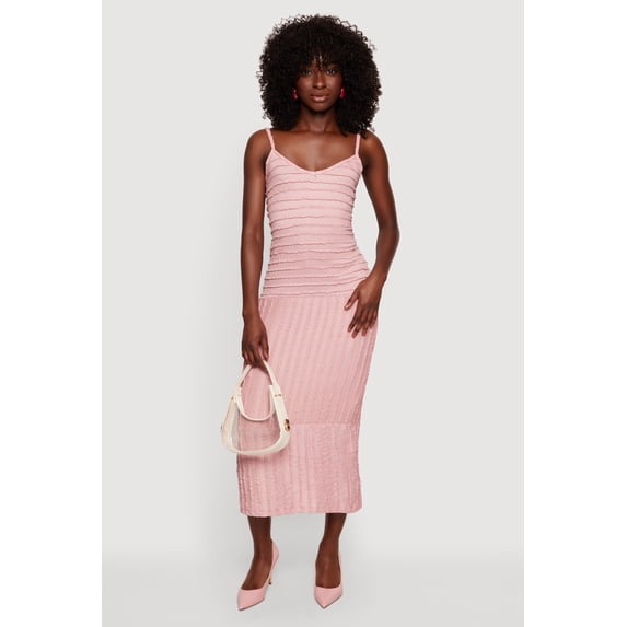 Women's Textured Knit Ruffle Trim Tiered Midi Dress