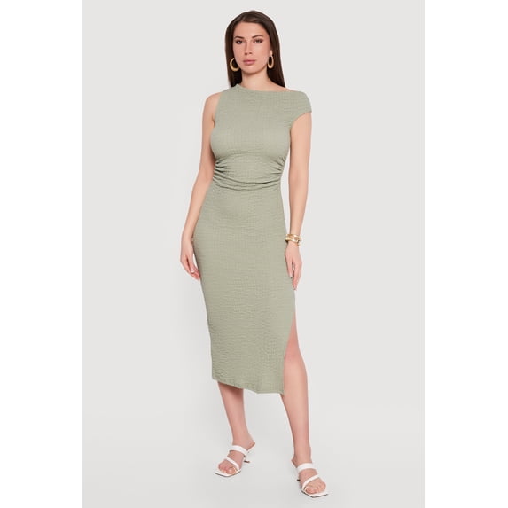 Women's Textured Knit Sleeveless One Shoulder Midi Dress