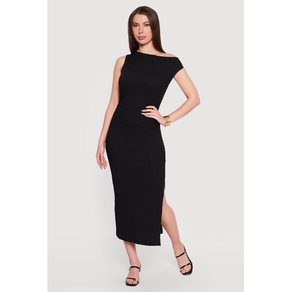 Women's Textured Knit Sleeveless One Shoulder Midi Dress