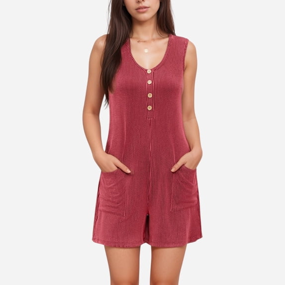 Women's Textured Knit Sleeveless Romper with Button Front Detail and Side Pockets - Large, Burgundy