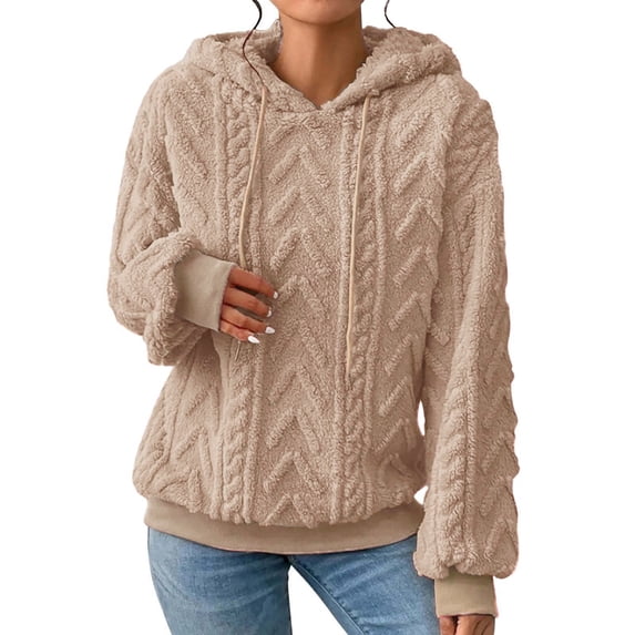 Women's Textured Knit Sweater Hooded Long Sleeve Pullover Warm Comfortable Winter Top Khaki XL
