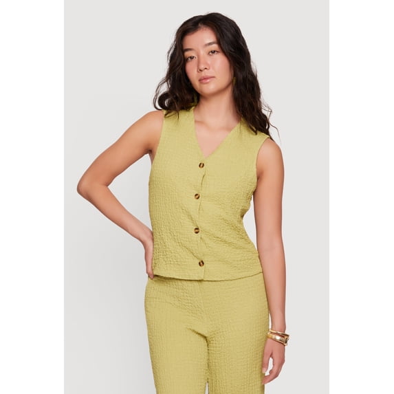 Women's Textured Knit V Neck Button Front Vest