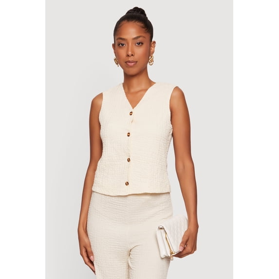 Women's Textured Knit V Neck Button Front Vest