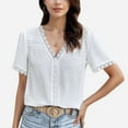 thumbnail image 1 of Women's Textured Lace Trim V-Neck Short Sleeve Blouse - Large, White, 1 of 4