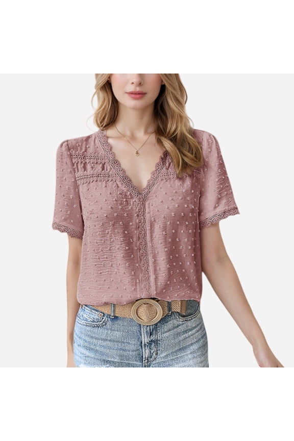 Women's Textured Lace Trim V-Neck Short Sleeve Blouse - Medium, Mauve Pink