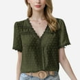 thumbnail image 1 of Women's Textured Lace Trim V-Neck Short Sleeve Blouse - Medium, Olive Green, 1 of 3