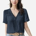 thumbnail image 1 of Women's Textured Lace Trim V-Neck Short Sleeve Blouse - Small, Navy, 1 of 3