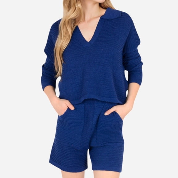 Women's Textured Long Sleeve Pullover and Shorts Set with Collared Neckline - Large, Navy
