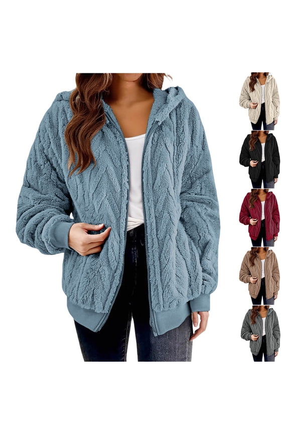 Women's Textured Long Sleeve Zip Hooded Jacket Outerwear Coat for Casual Winter Streetwear Travel Loungewear Fashion Essential Gift for Women | CSEONE,Blue L