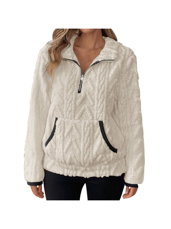 Women's Textured Pattern Sherpa Fleece Pullover Quarter Zip Hoodie Plush Fuzzy Soft Long Sleeve Sweatshirt Cozy Winter Warm Casual Lounge Top