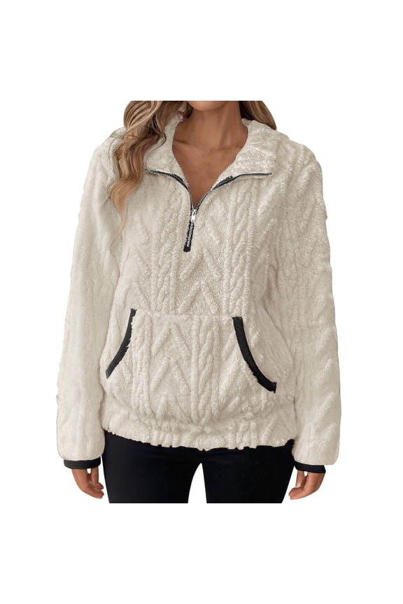 Women's Textured Pattern Sherpa Fleece Pullover Quarter Zip Hoodie Plush Fuzzy Soft Long Sleeve Sweatshirt Cozy Winter Warm Casual Lounge Top