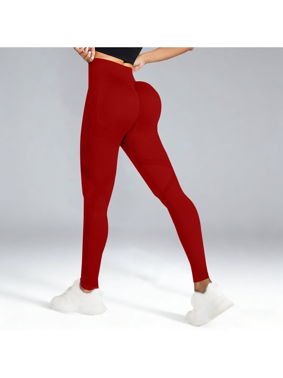 Women's Textured Peach Butt Lifting Yoga Pants, Seamless Tummy Control High Waist Workout Leggings, No Show Lines Tight Fitting Gym Pants for Running, Fitness and Daily Training Red M