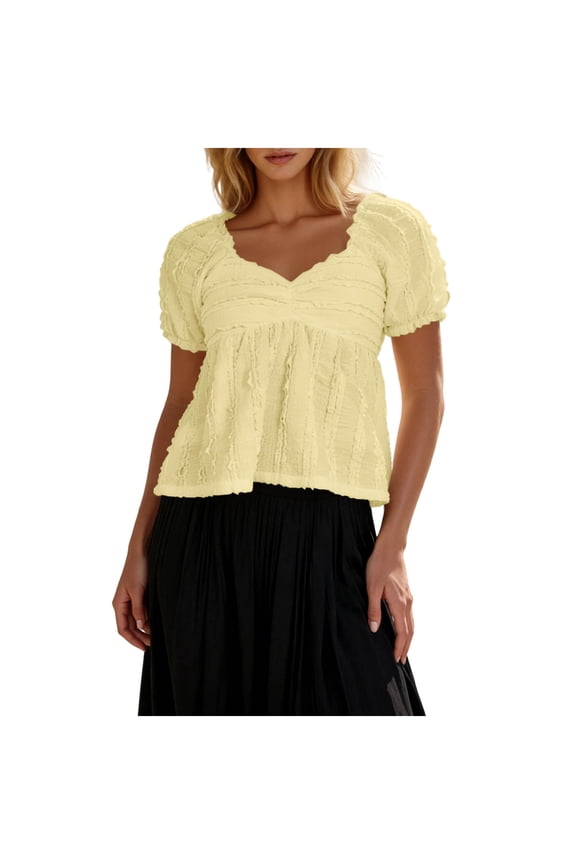 Women's Textured Peplum Tops Puff Sleeve V-Neck Blouse Ruched Short Sleeve Clothes Spring Summer 2026 Daily Relaxed Wear