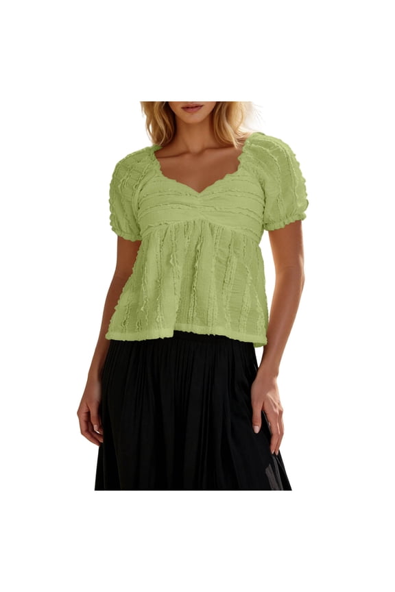 Women's Textured Peplum Tops Puff Sleeve V-Neck Blouse Ruched Short Sleeve Clothes Spring Summer 2026 Daily Relaxed Wear