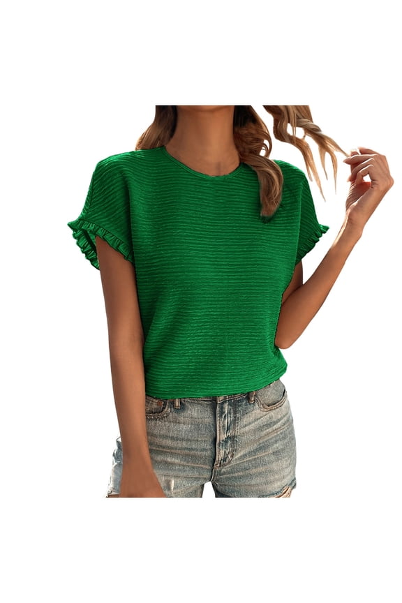 Women's Textured Ruffle Short Sleeve Blouse - Round Neck Loose Fit Casual Dressy Top, 95% Polyester/5% Elastane, S-XXL Sizes