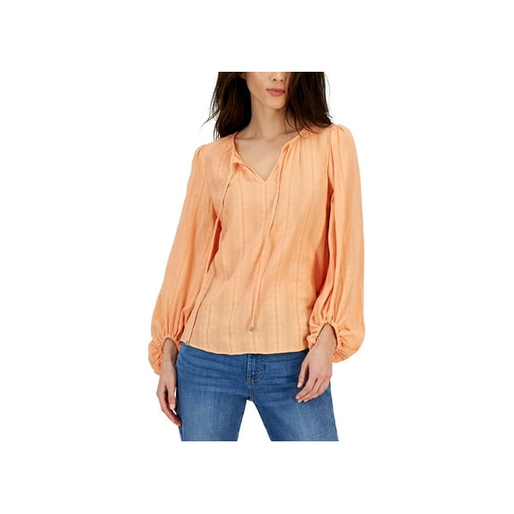 Women's Textured Tie Puff-Sleeve Peasant Top Delacroix Dobby/Coral Reef XXL