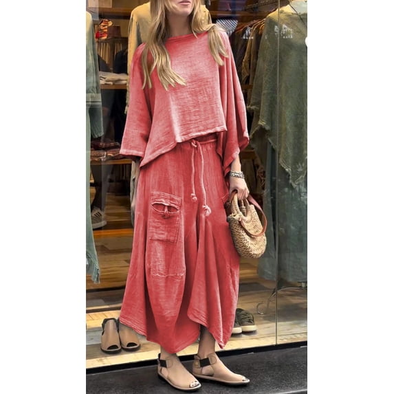 Women's Textured Top and Wide Leg Pants Set, Long Sleeve Casual Two Piece Outfit